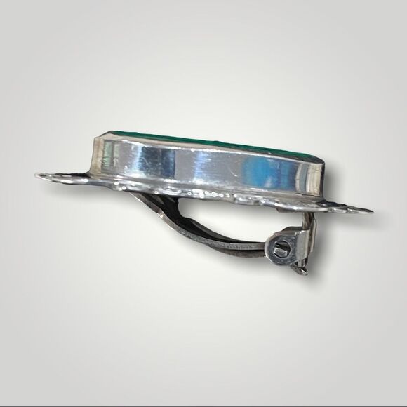 Vtg Sterling Silver 925 Signed Malachite Chunky Concho Heart Clip-on Earrings - Picture 6 of 7